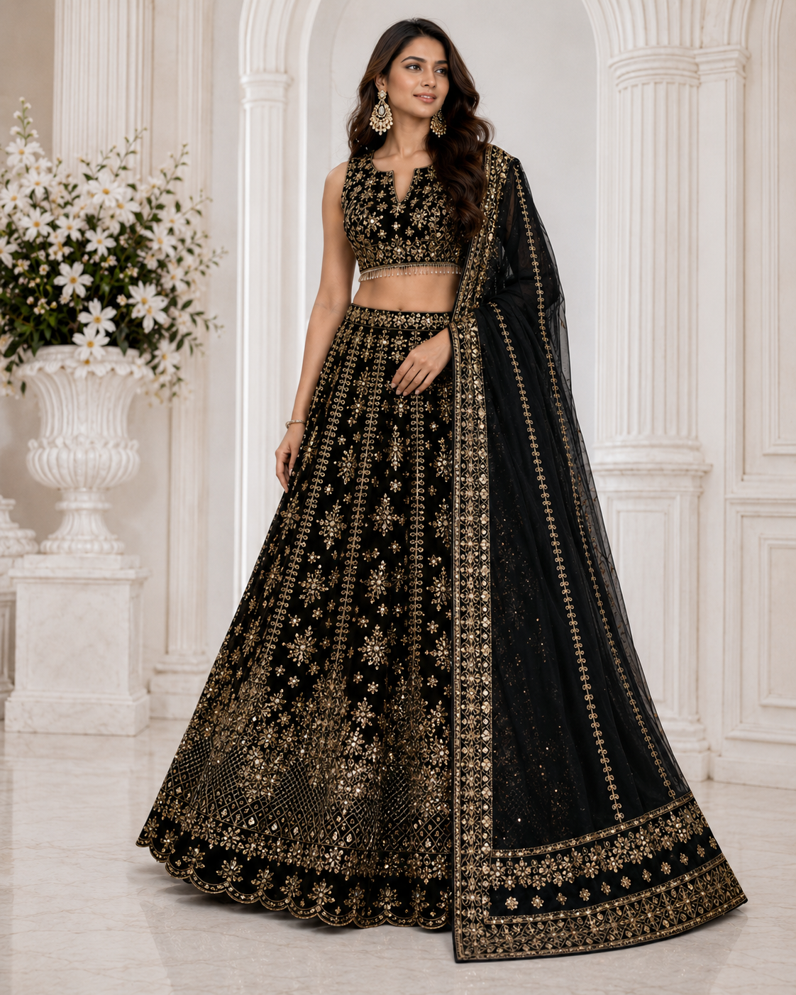 Royal Look Black Designer Sequins Embroidery Lehenga Choli Dupatta