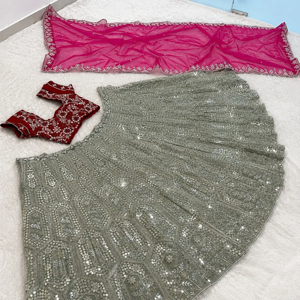 Women's Faux Georgette Lehenga Choli with Sequins, Dori & Zari Embroidery