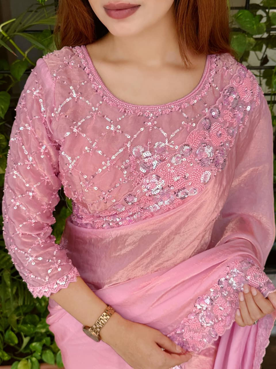 Luxury Fandy Satin Saree with Heavy Tone-on-Tone Beads & Sequins Work