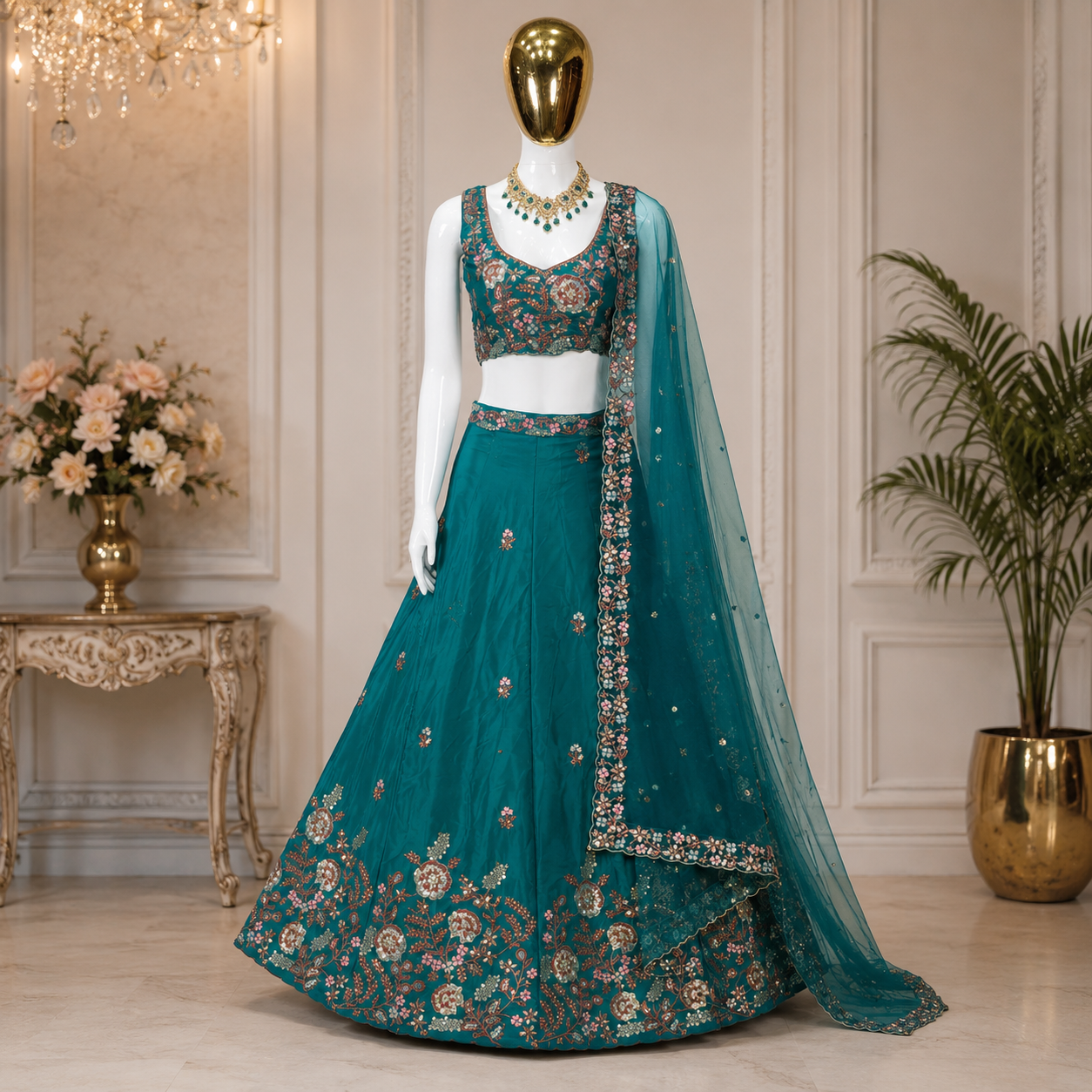 Teal Embroidered Semi-Stitched Lehenga Choli with Soft Net Dupatta