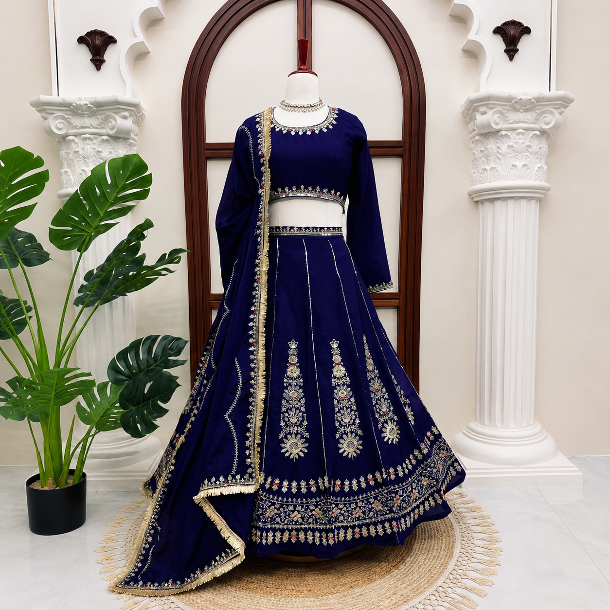 Dark Blue Chinon Silk Embroidered Lehenga Choli