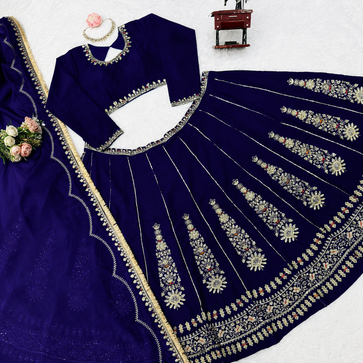 Dark Blue Chinon Silk Embroidered Lehenga Choli