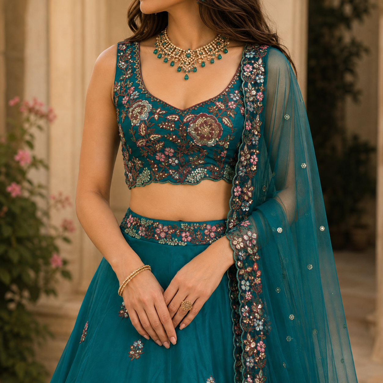 Teal Embroidered Semi-Stitched Lehenga Choli with Soft Net Dupatta