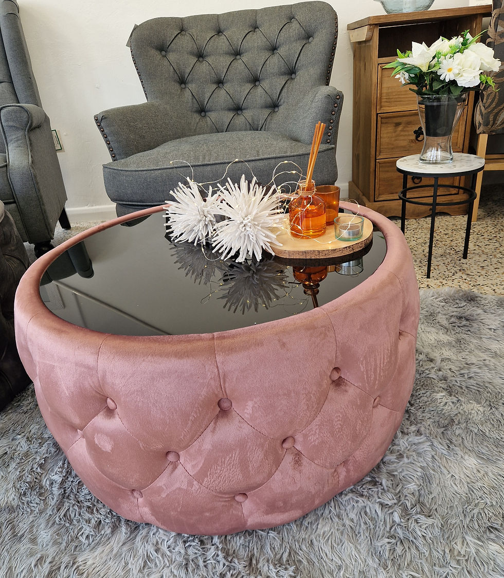Thumbnail: Round Buttoned Footstool/Ottoman Velvet type fabric in Grey & Pink only