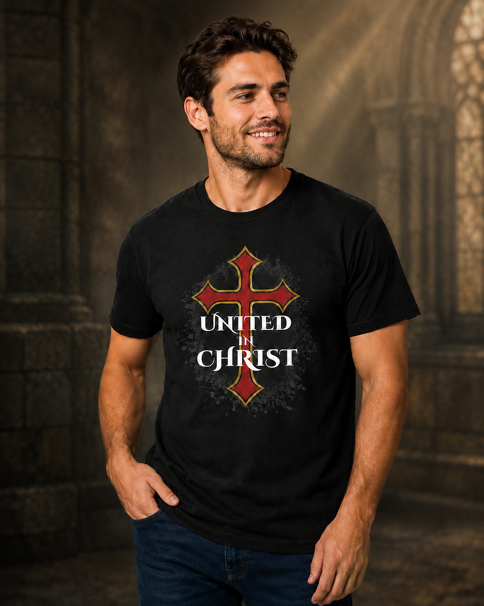 Man in a premium faith based apparel tee with United in Christ cross