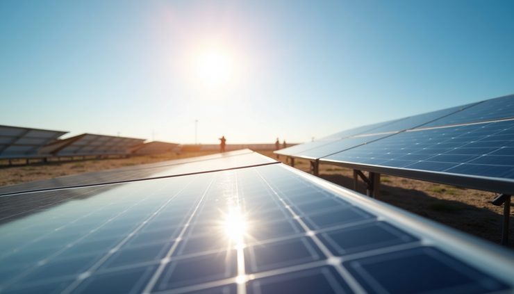 High angle view of a solar panel array under a bright sunny sky