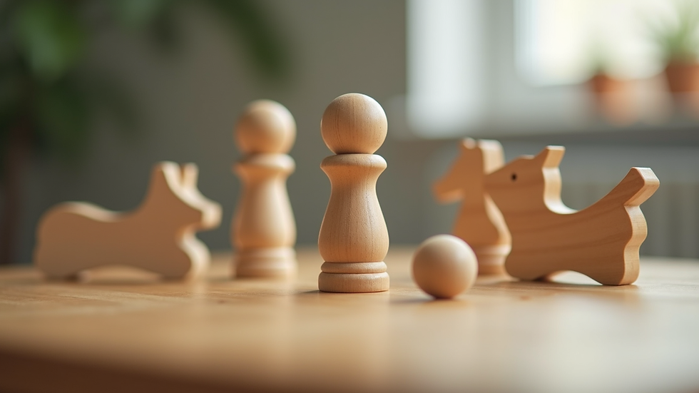 Eye-level view of a wooden toy set arranged on a table