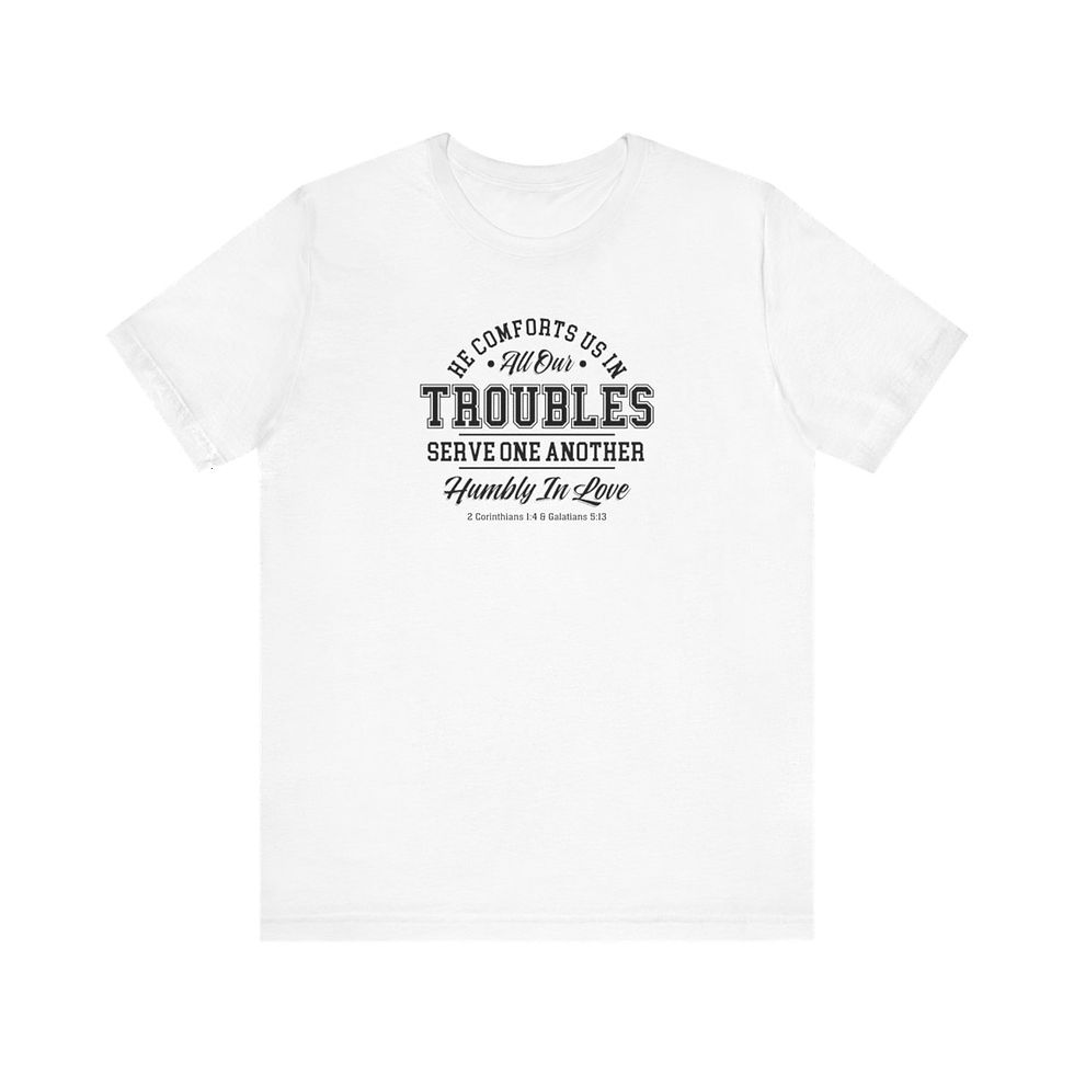 Thumbnail: Product: Christian T Shirt - He Comforts Us In All Our Troubles