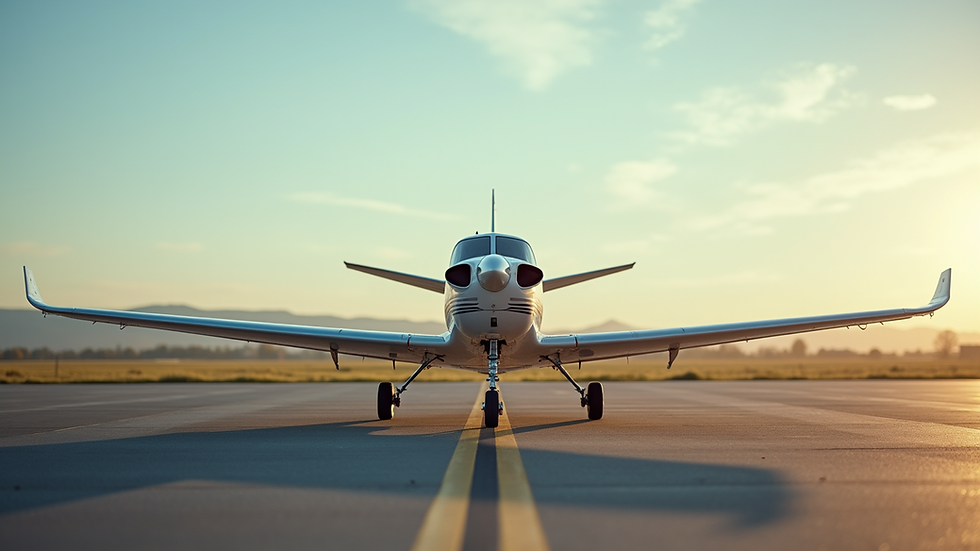 Eye-level view of a small aircraft parked at an airfield