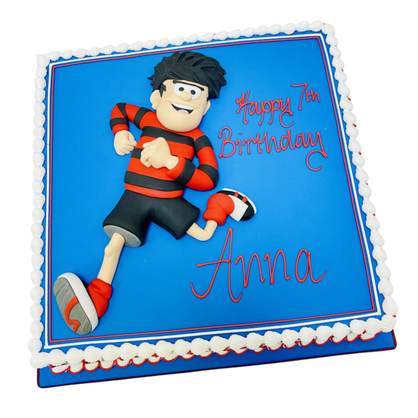 Bespoke Dennis The Menace celebration cake with vibrant red and black details, crafted in Solihull, West Midlands.