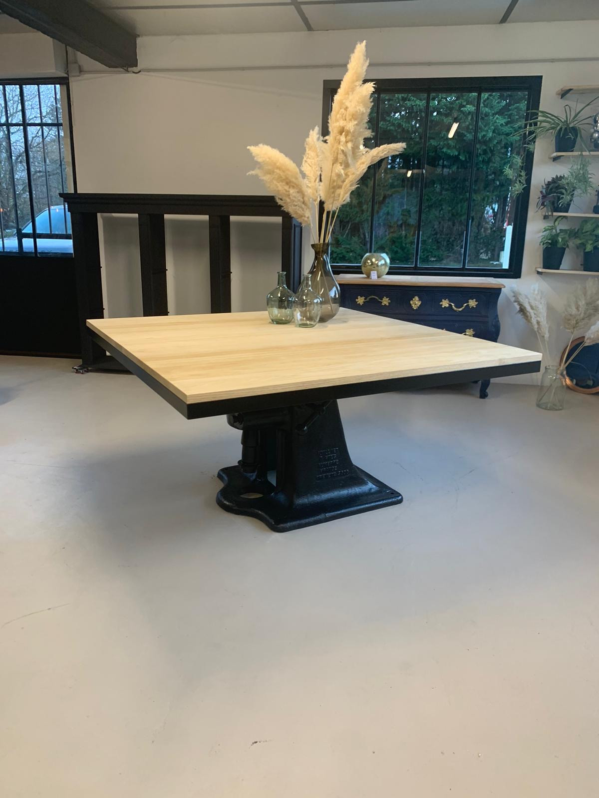 table industrielle métal et bois châtaigner massif