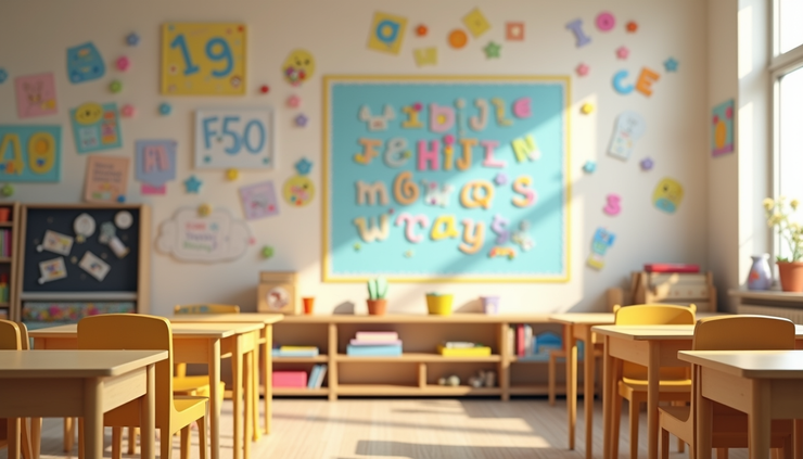 Eye-level view of a preschool classroom with colorful alphabet posters on the wall