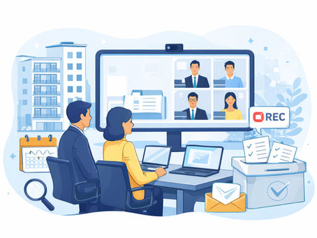 Illustration of a Florida condominium association annual meeting conducted by video conference.