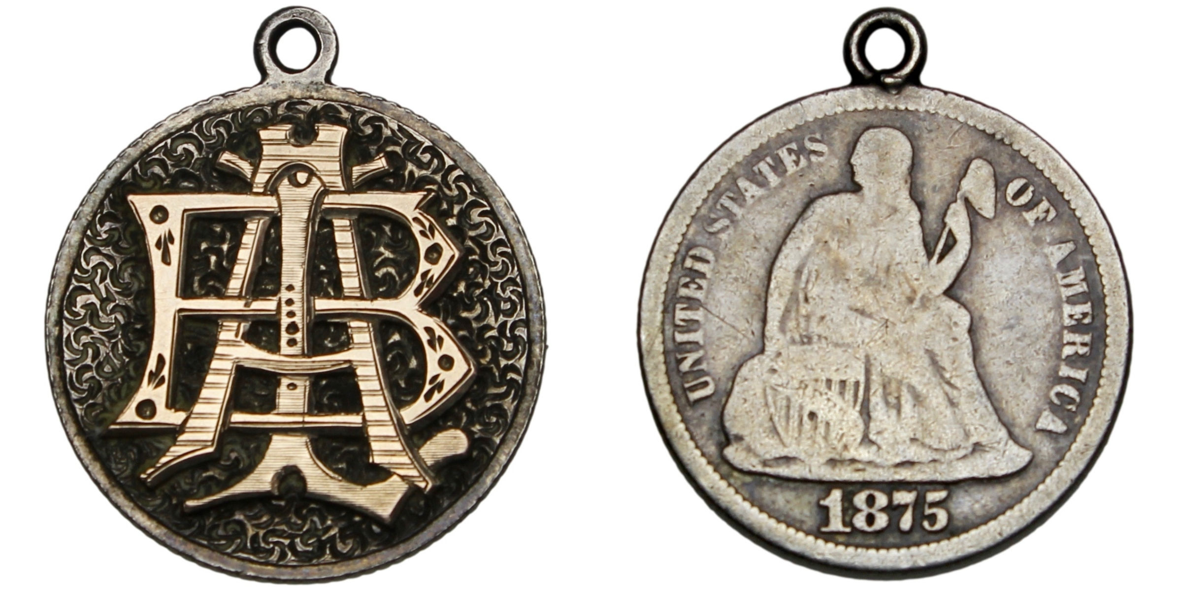 101451 | UNITED STATES. A–B–L gilt appliqué on engraved silver 10 Cents.