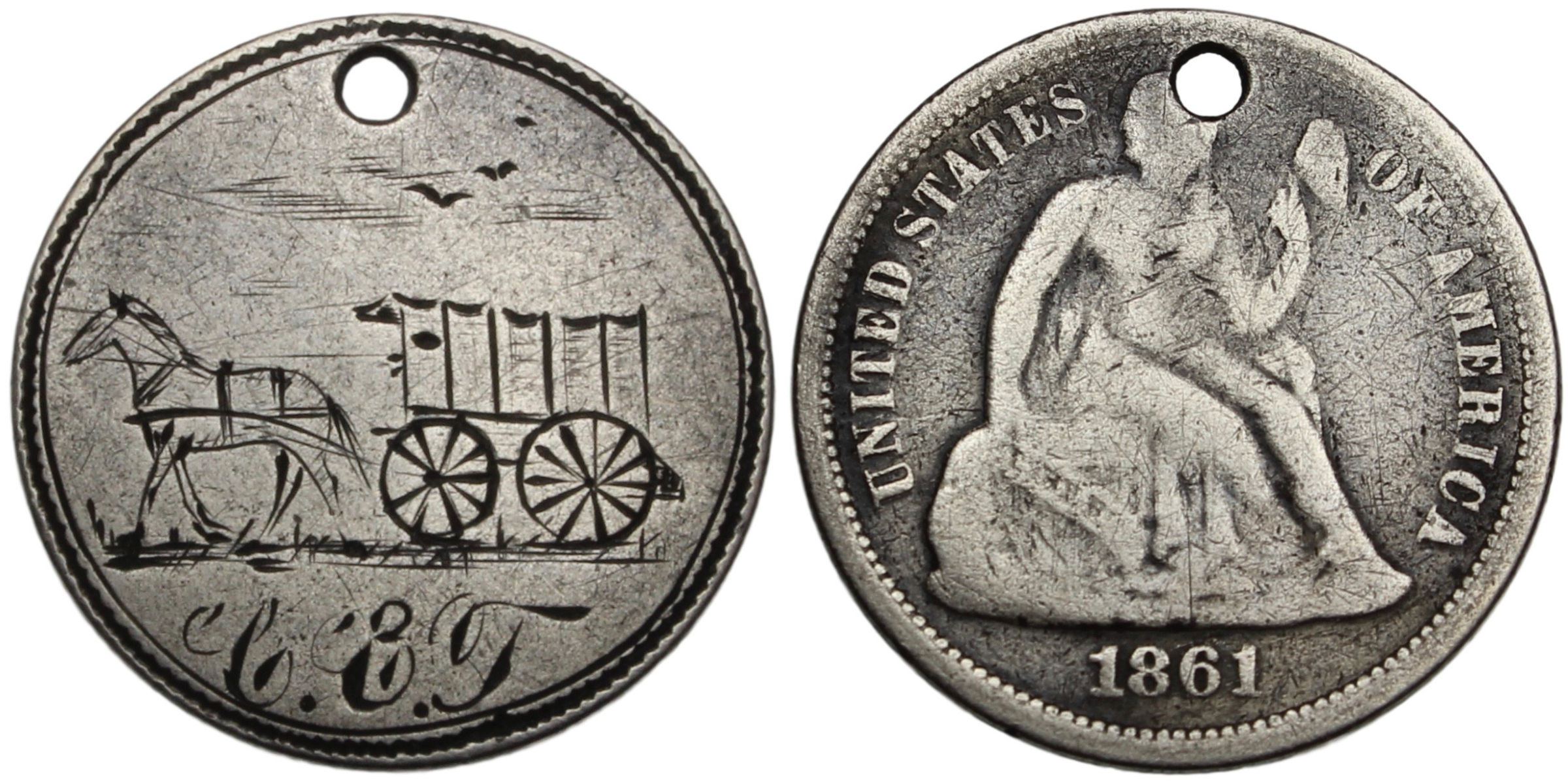 101041  |  UNITED STATES. Horse and Wagon/C–E–T silver Love Token.