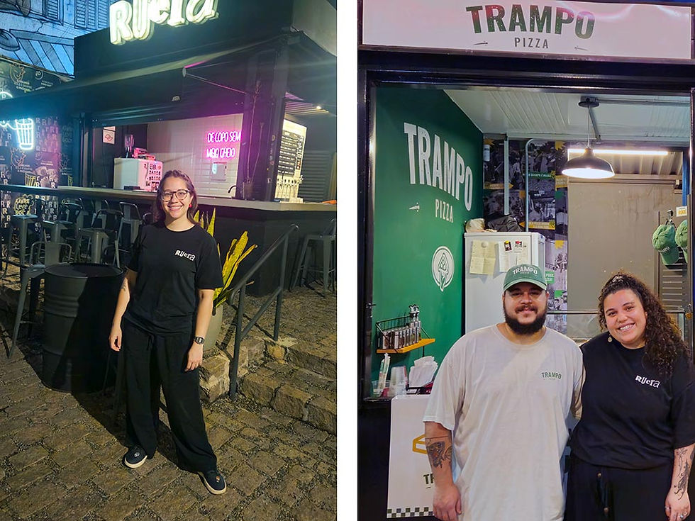 Fernanda Brito é proprietária do Ruera // Lucas Catuzzo e Mariana de Castro são donos da Trampo Pizzaria (Fotos: Patrick Goulart)