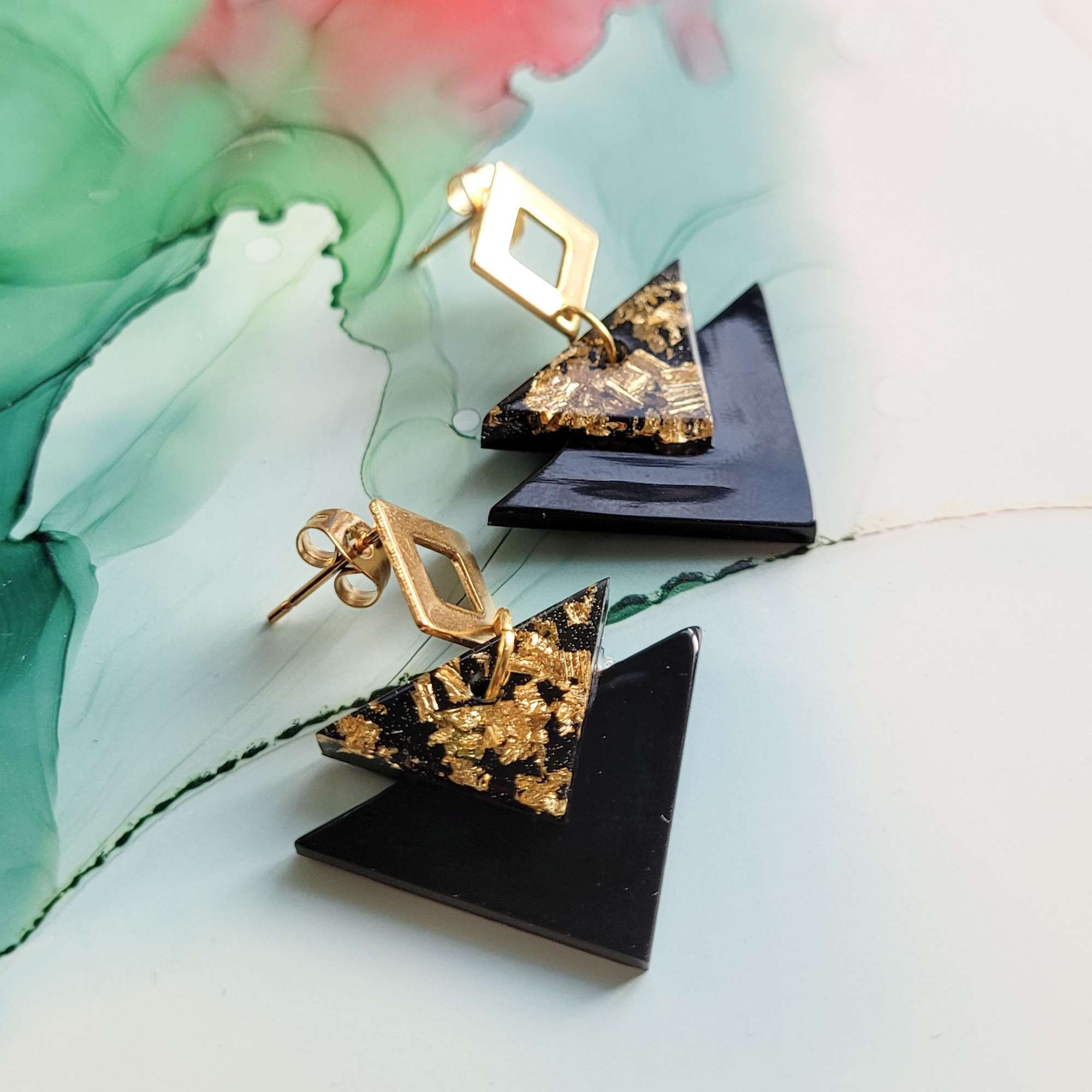 Handmade black and gold triangle resin earrings 
