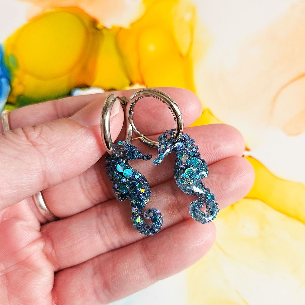 Thumbnail: Handmade Resin Glitter Seahorse Charms On Chunky Hoops
