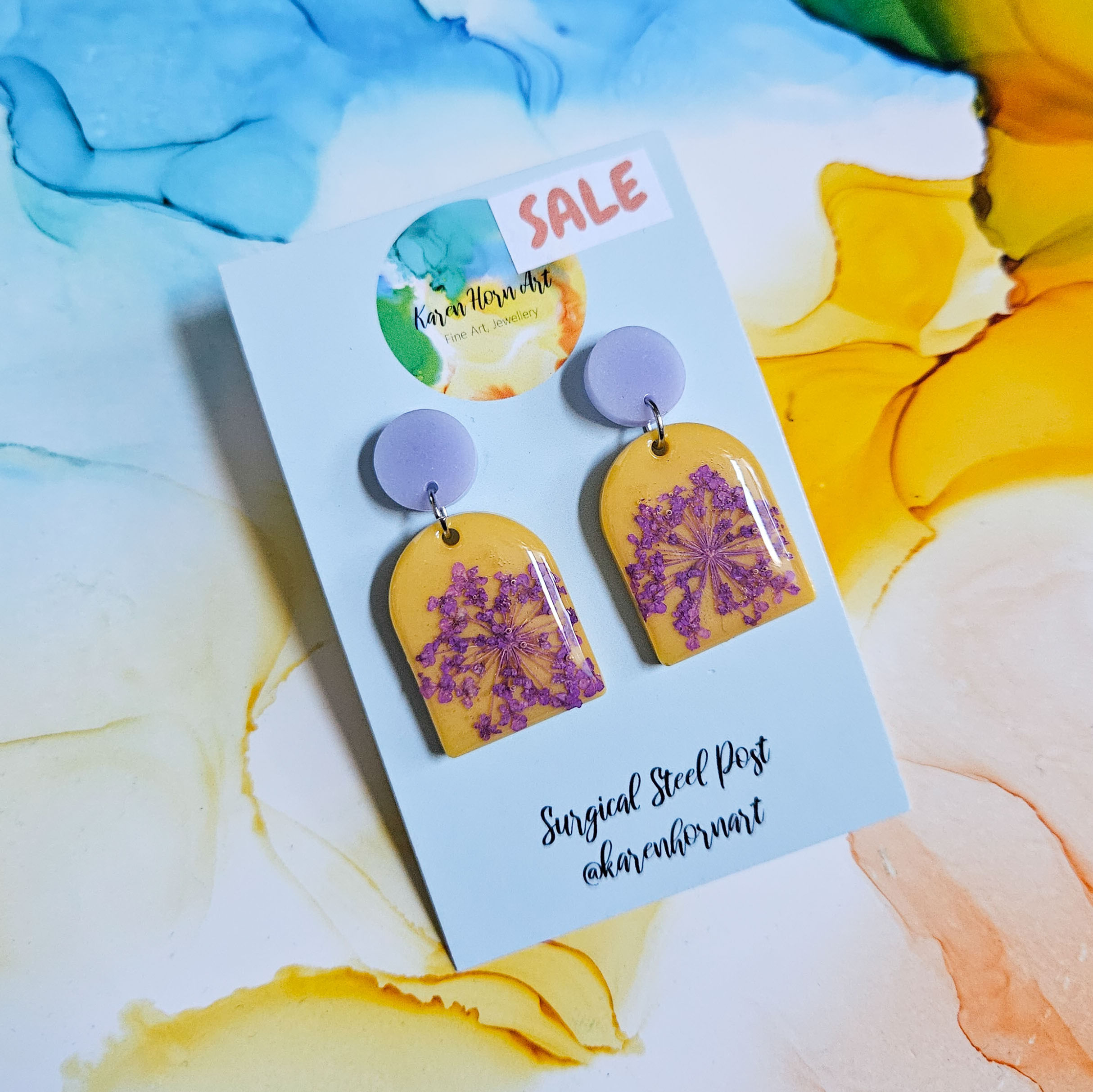 Handmade Yellow And Purple Dried Flowers Resin Earrings 