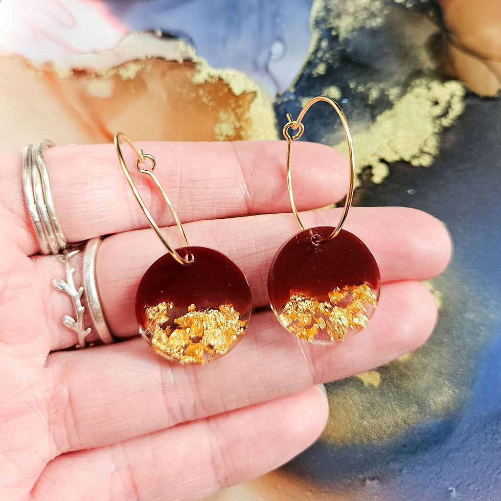 Thumbnail: Handmade maroon and golden leaf circle resin charm on gold plated hoops