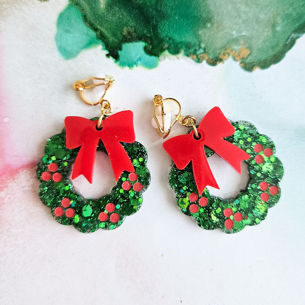 Thumbnail: handmade glitter clip on wreaths and bow resin Christmas tree earrings by karen horn art
