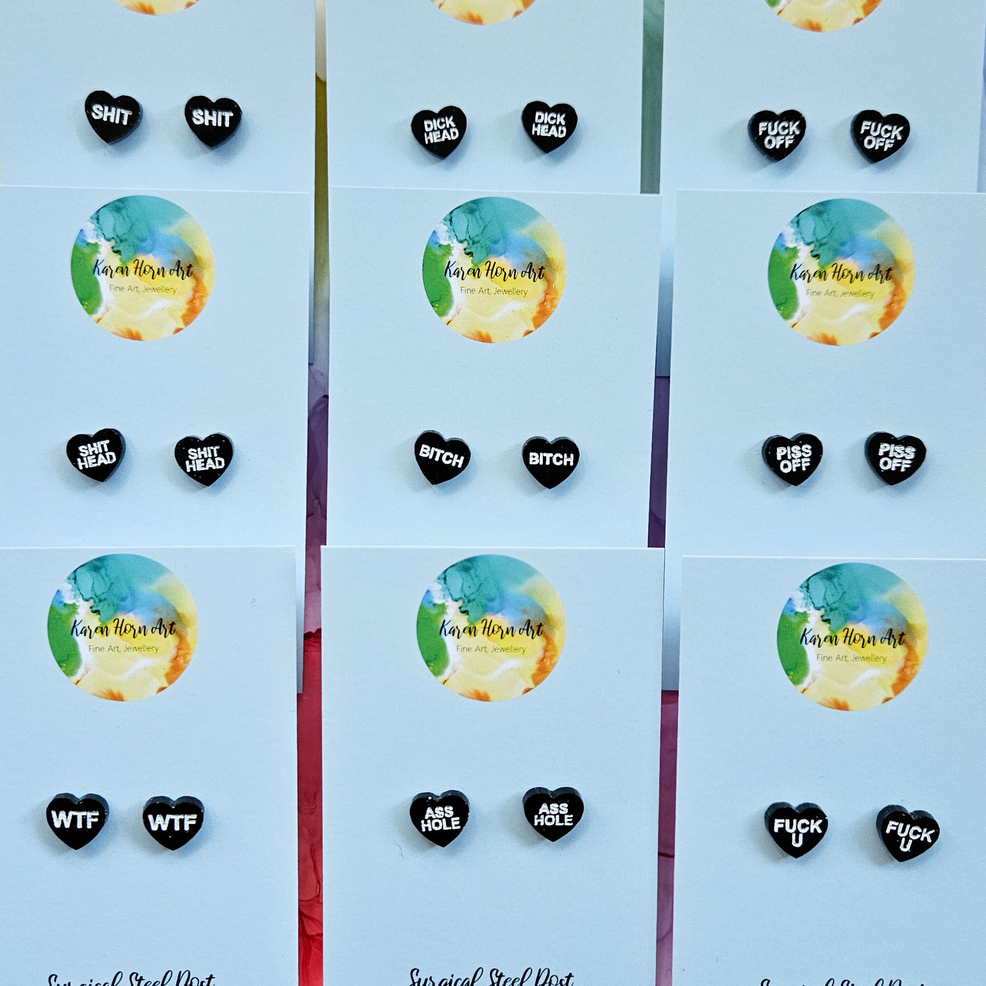 Handmade sweary black heart resin earring studs