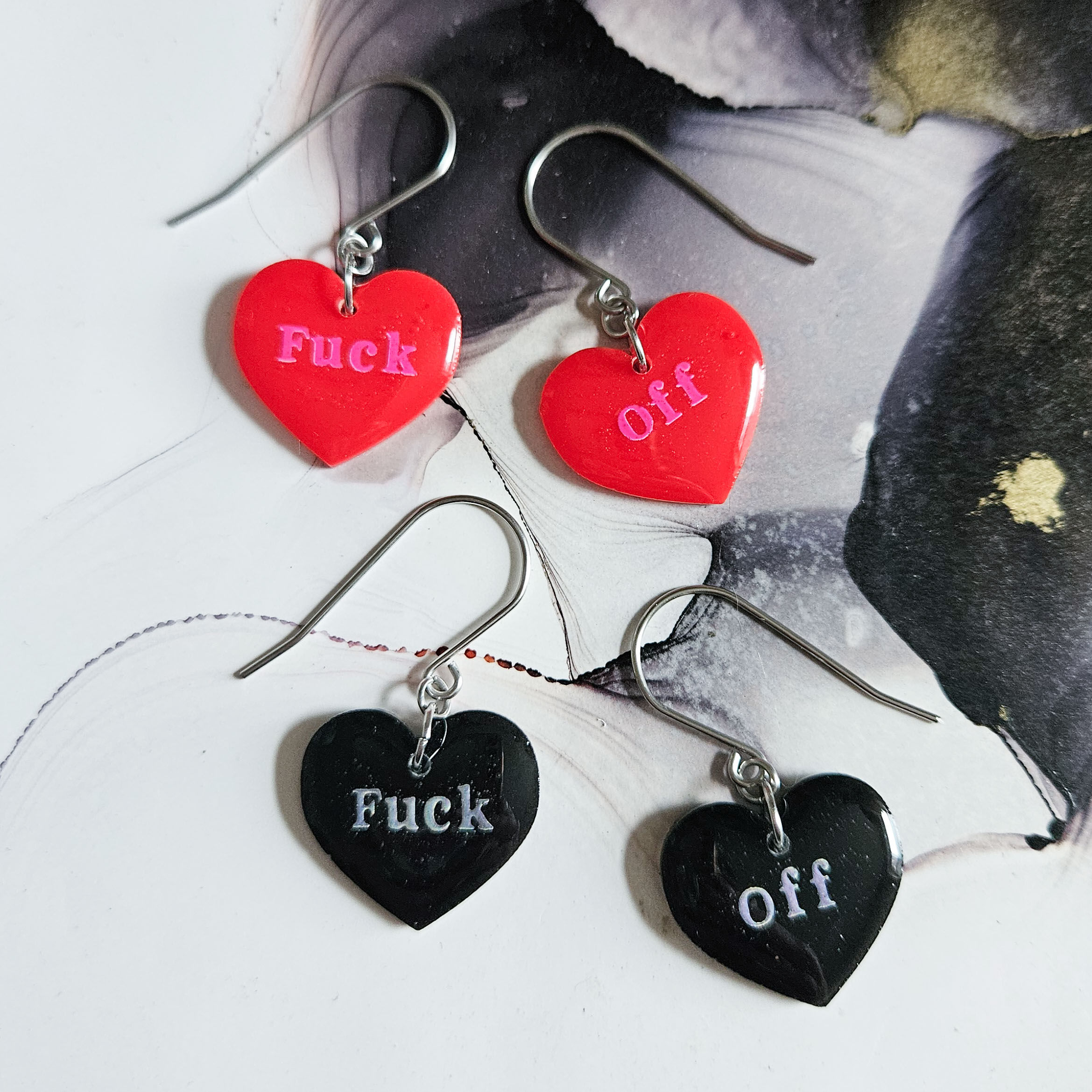Handmade Red Or Black F*ck Off Hearts Resin Earrings