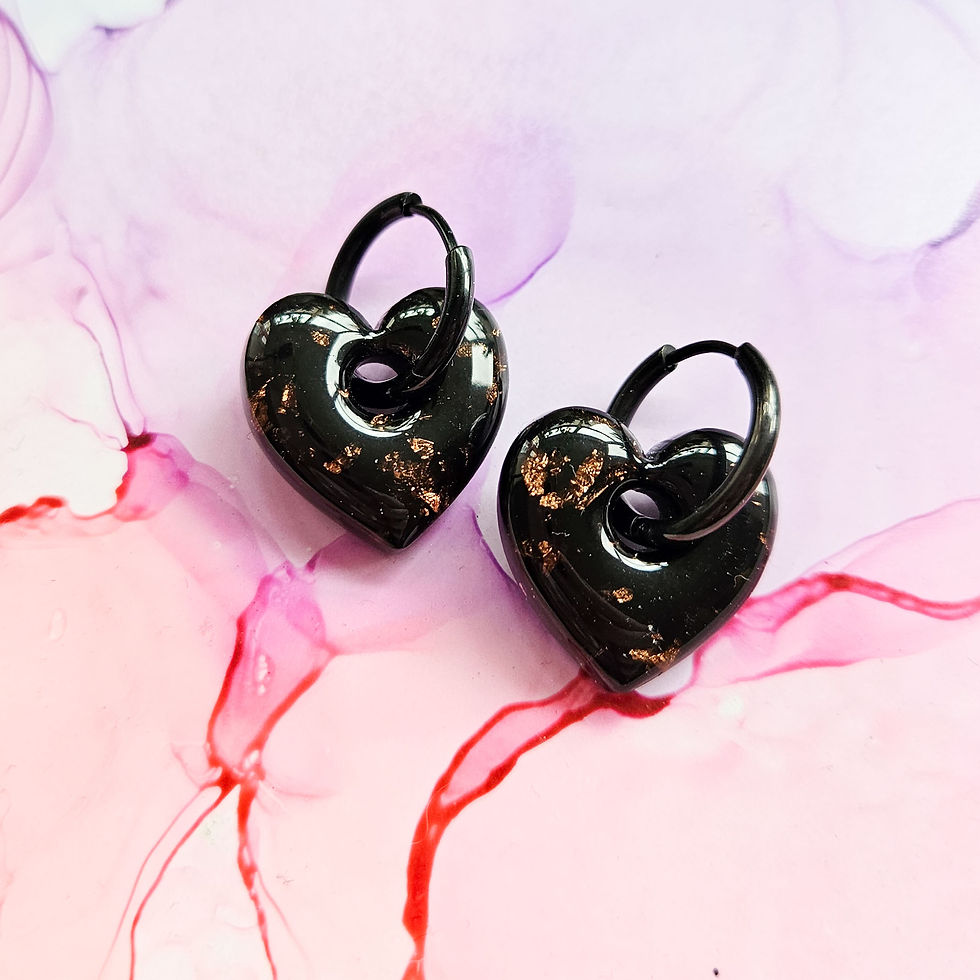 Handmade Black And Copper Leaf Resin Heart Charms On Chunky Black Hoops