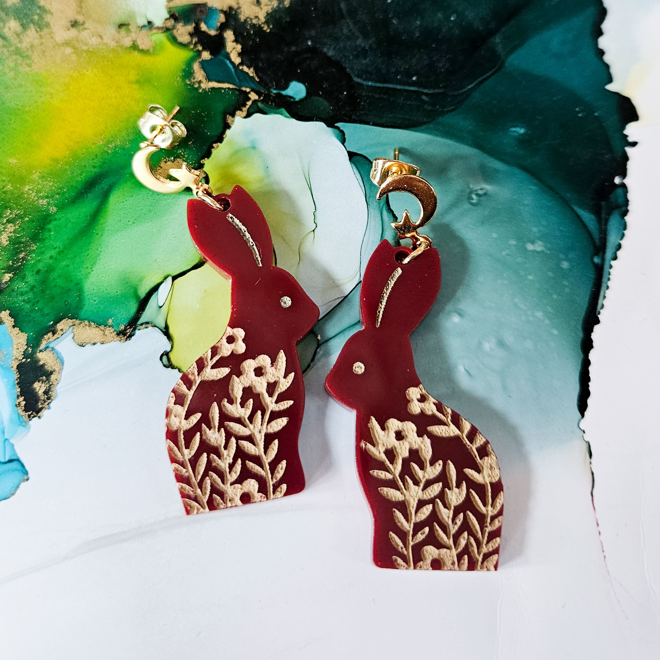 handmade maroon rabbit hare with beige wildflower resin earrings with gold moon stars studs