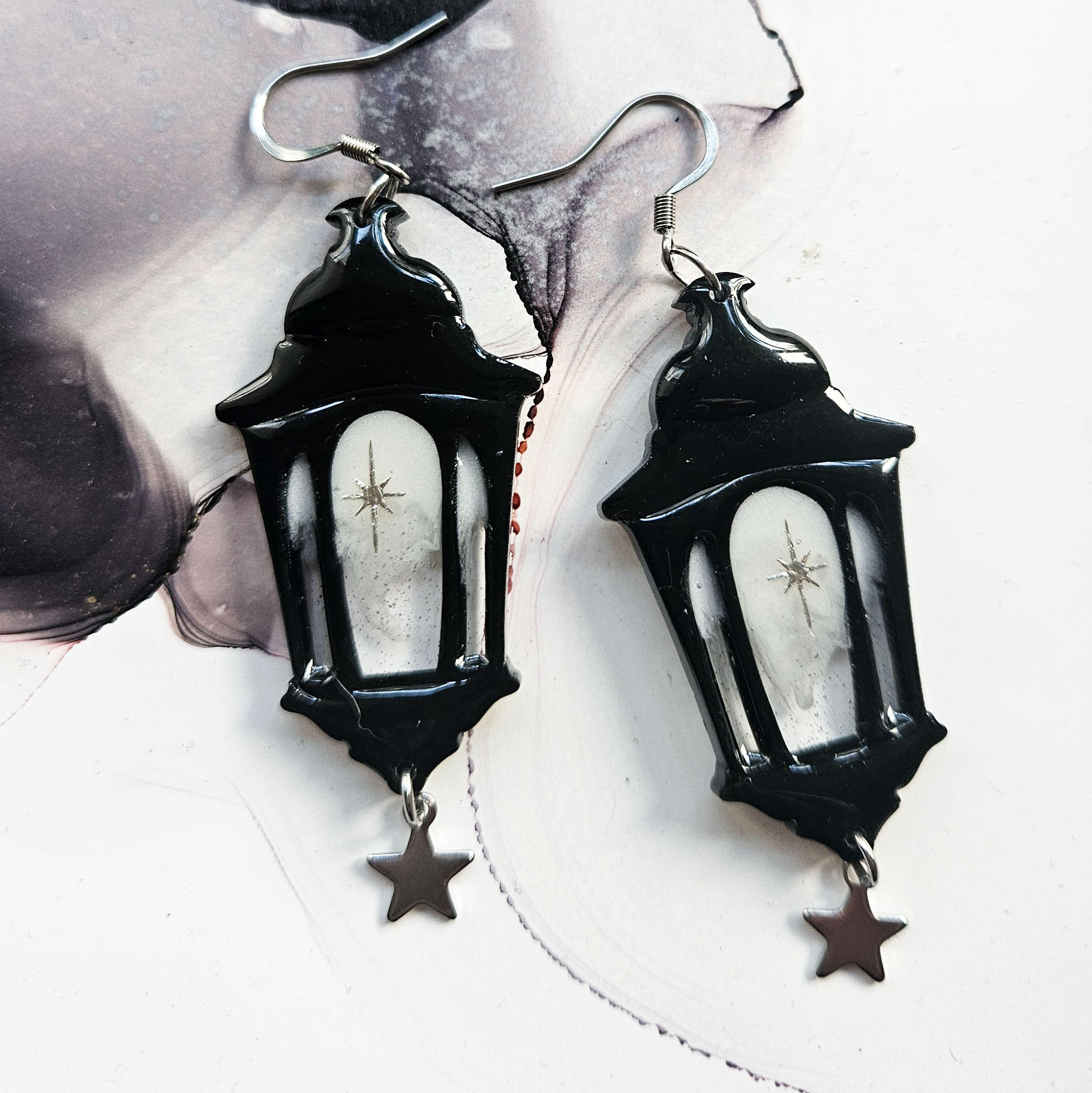 Handmade Black White Lantern Resin Earrings