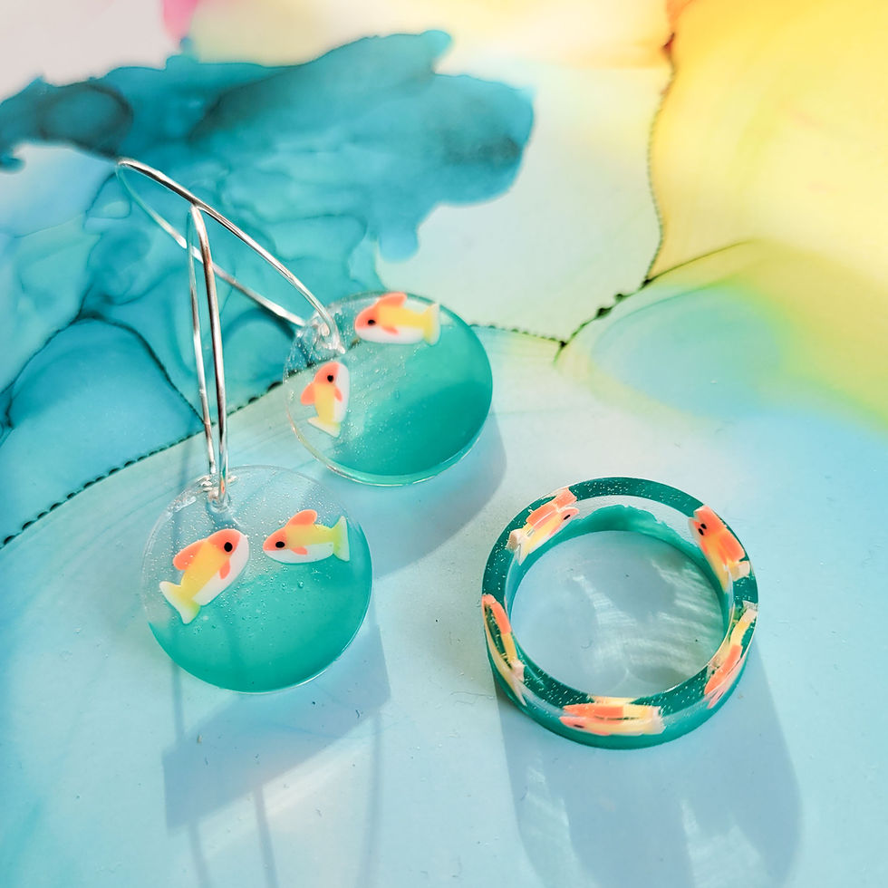 Thumbnail: Handmade goldfish resin charm hoop earrings, summer earrings