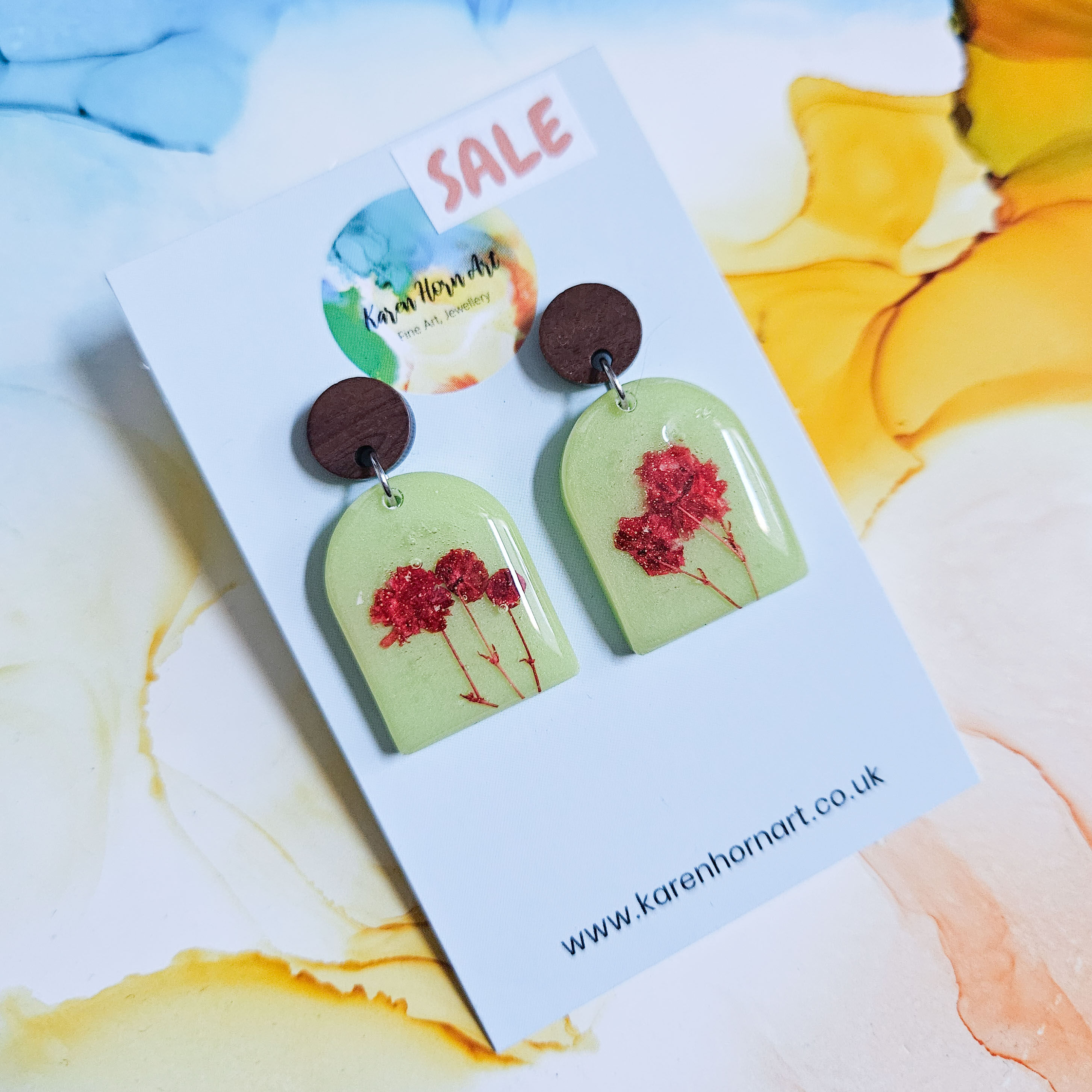 Handmade Green And Red Dried Flowers Resin Earrings