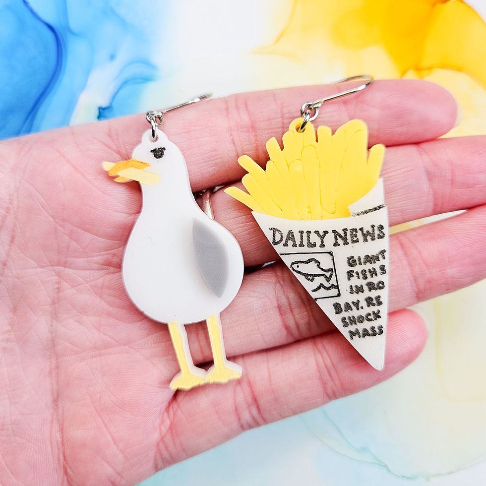 Thumbnail: Handmade seagull and chips resin earrings