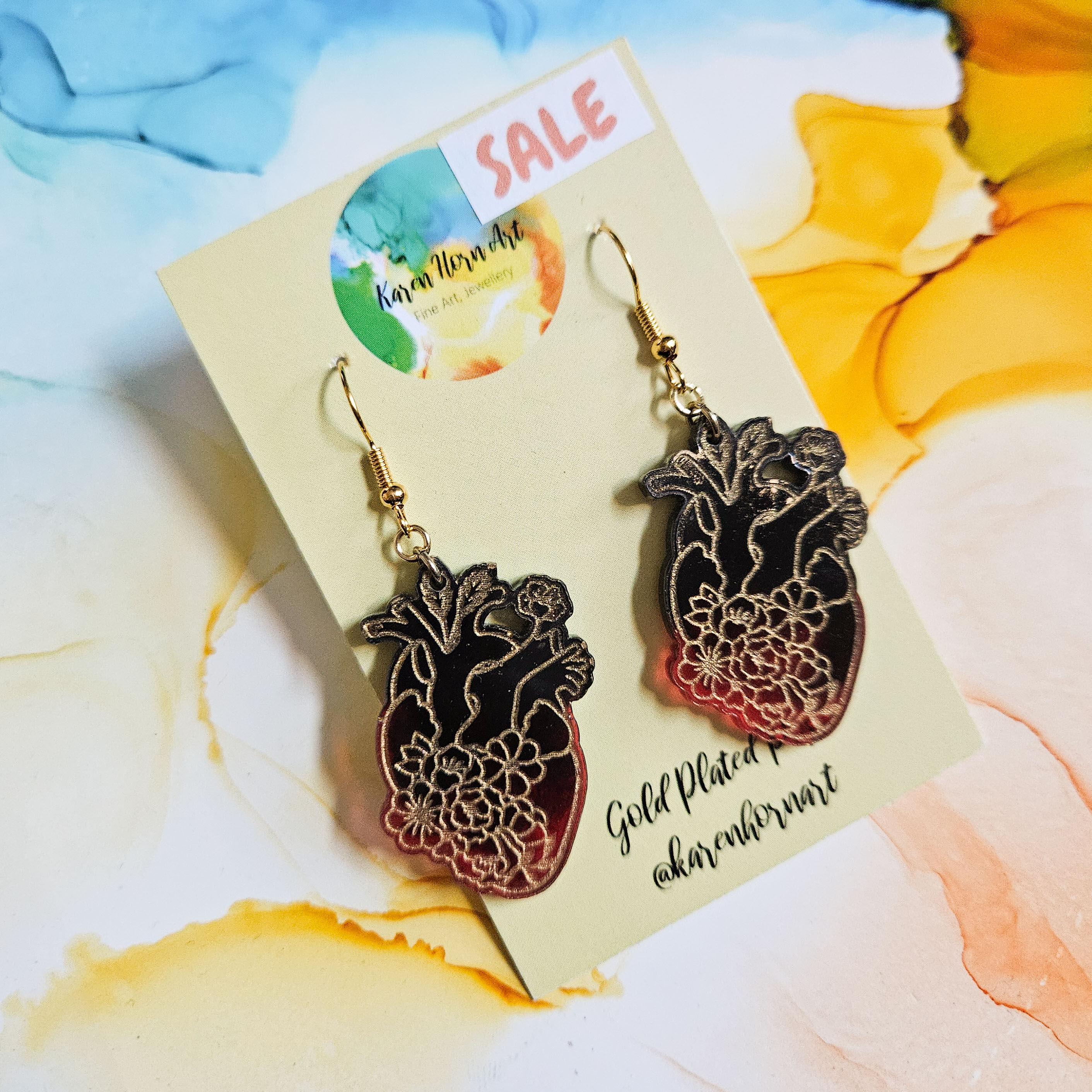 Handmade Black Red Gold Heart Resin Earrings 