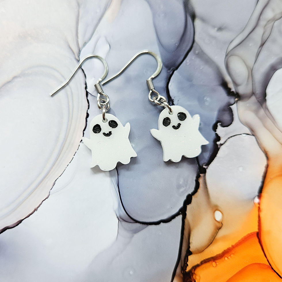 Thumbnail: Handmade cute ghosts resin earrings, white and glitter, 2 styles to choose from