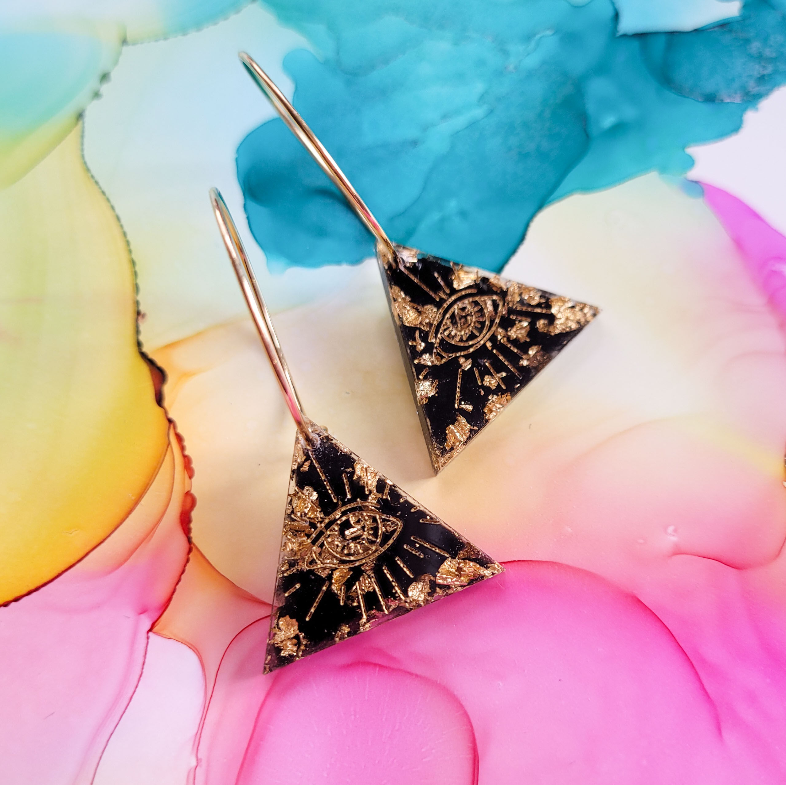 Handmade triangle mystical resin charm hoop earrings, black and gold leaf