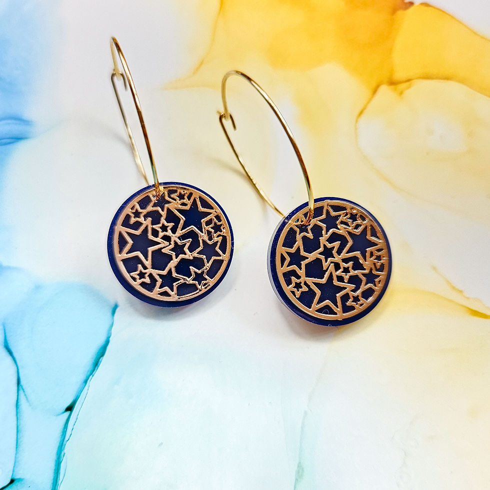 Handmade resin navy blue circle and golden stainless steel stars charms hoops