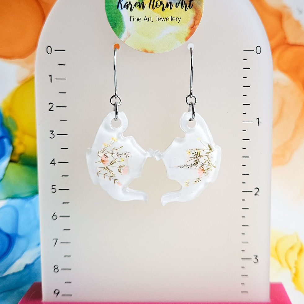 Thumbnail: handmade white and wilflowers teapot resin earrings with measurements on abstract ink background
