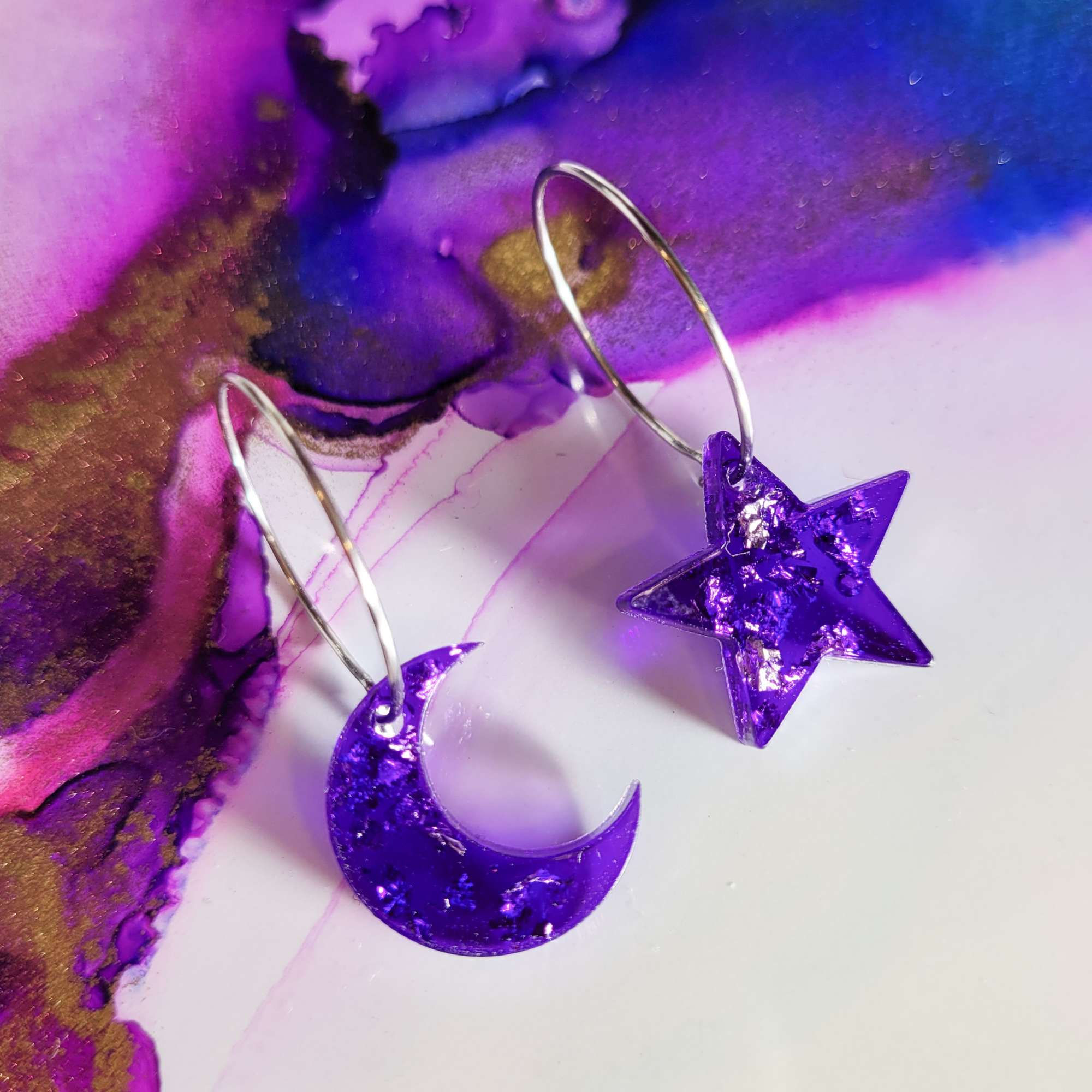 Handmade purple resin moon and star charm hoop earrings