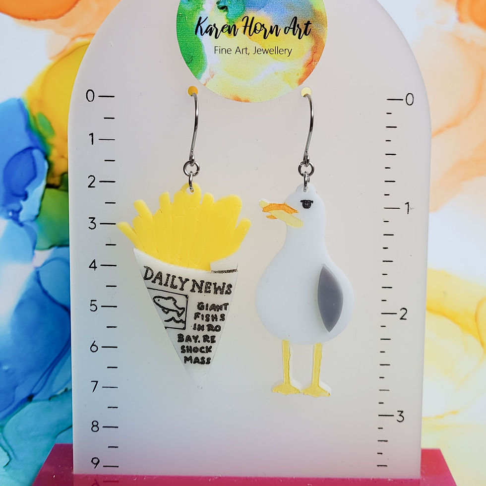 Thumbnail: Handmade seagull and chips resin earrings