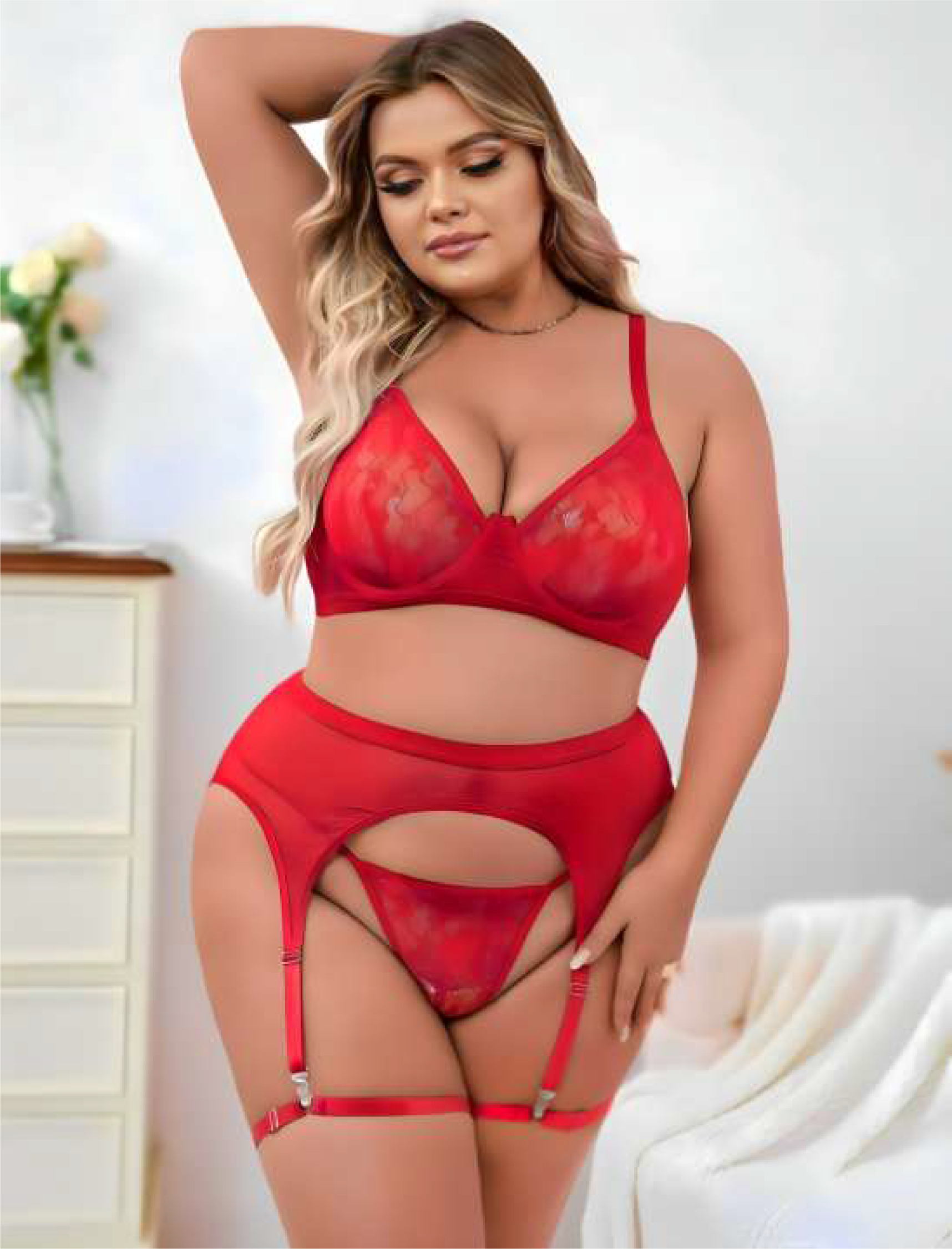 VOUX Kırmızı Büyük Beden Jartiyer Takım