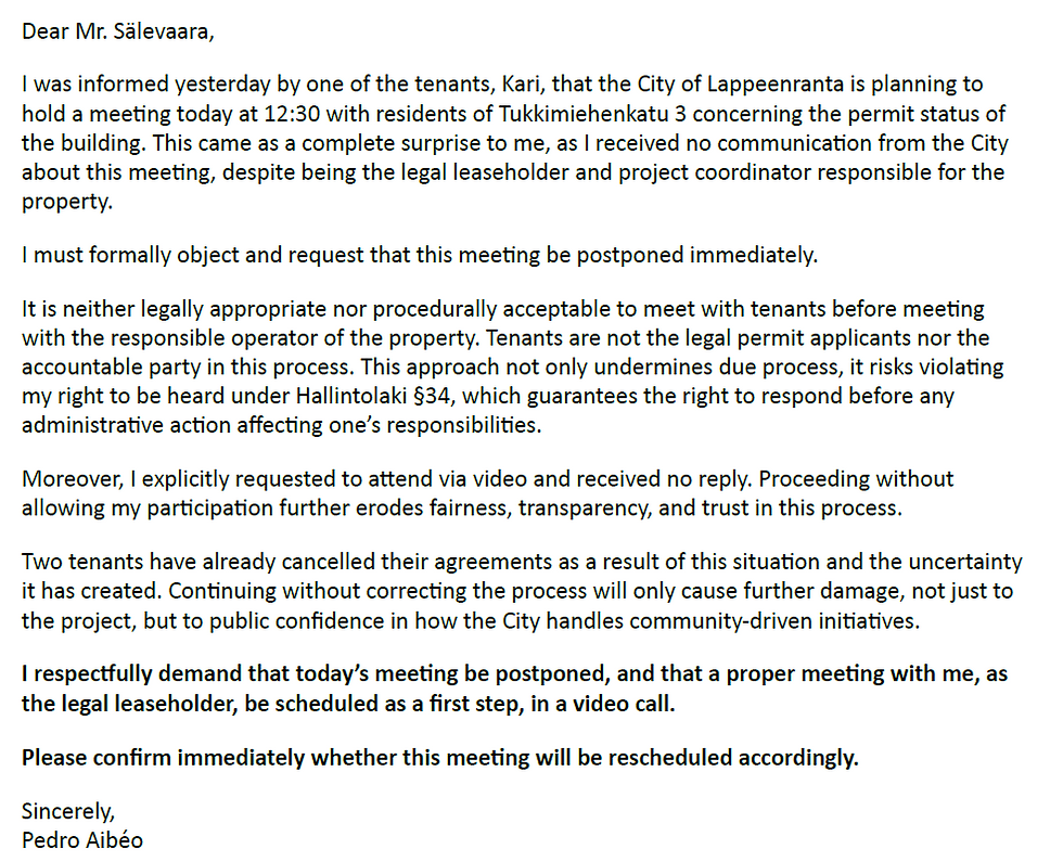 email to a city official of the city of Lappeenranta
