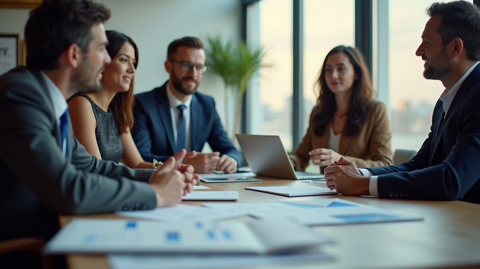 Eye-level view of a diverse group of people discussing financial strategies