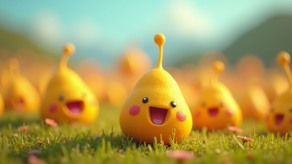 Close-up view of cheerful Ooblets in a vibrant landscape