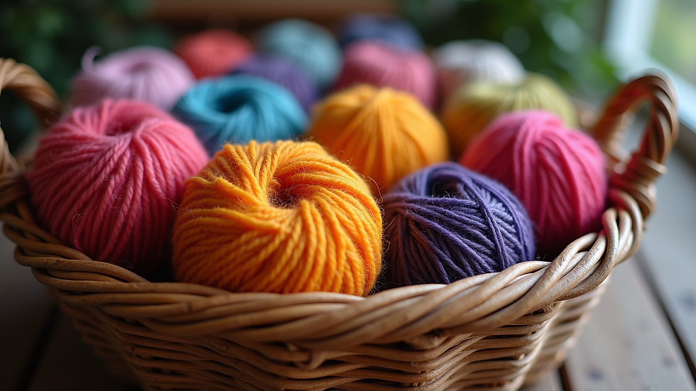 Close-up view of colorful yarn displayed in a basket