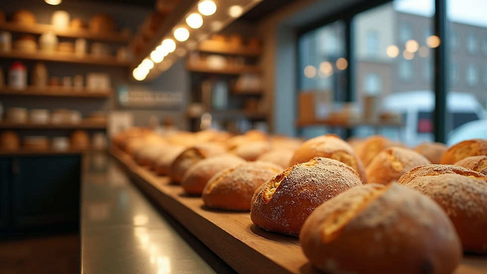 Eye-level view of a small bakery with fresh baked goods on display