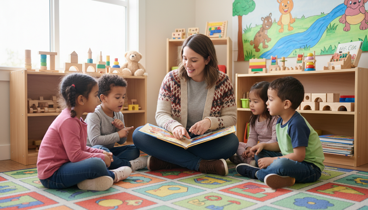 Eye-level view of a teacher reading a picture book to preschool children on a classroom rug.