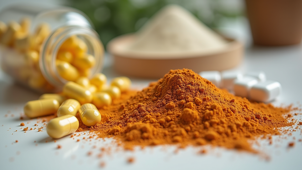 Close-up view of a variety of natural supplements in capsules and powders
