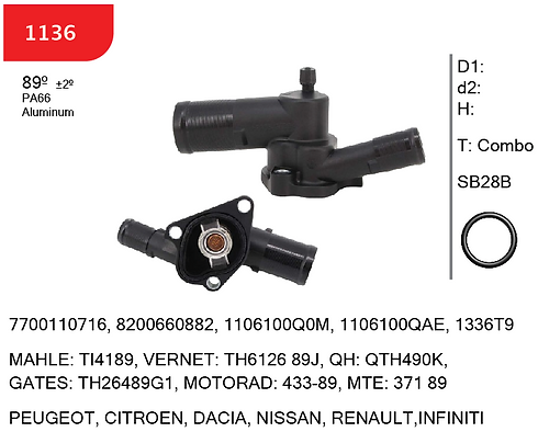 SMART 1136 - Thermostat Assembly - OE 7700110716, 8200660882, 1106100Q0M, 1106100QAE - PEUGEOT, CITROEN, DACIA, NISSAN, RENAULT,INFINITI