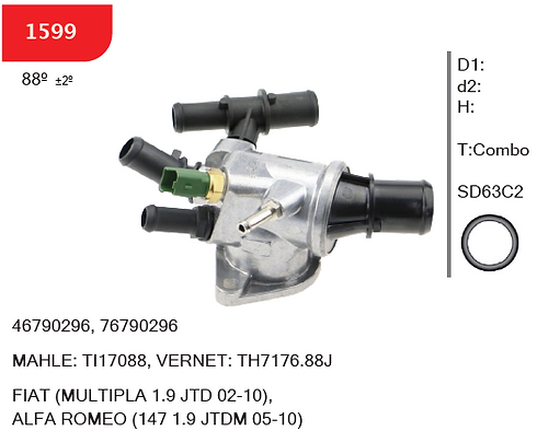 SMART 1599 - Thermostat Assembly - OE 46790296, 76790296 - FIAT (MULTIPLA 1.9 JTD 02-10), ALFA ROMEO (147 1.9 JTDM 05-10)